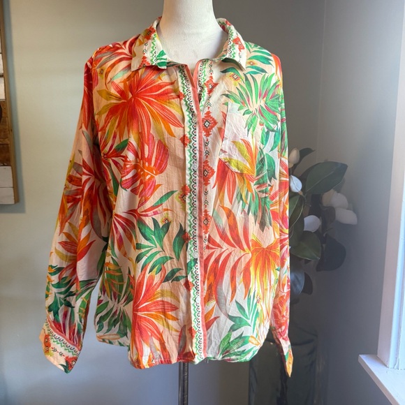 Calypso St. Barth Tops - Calypso St. Barth Tropical floral Button Down Shirt Orange green women’s XL boho